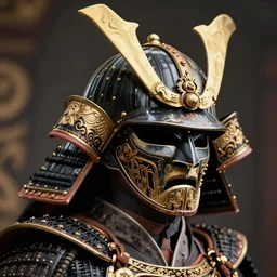 a luxurious black and gold samurai helmet, close - up photo, by james christensen, vittorio matteo corcos, epic, tendring on artstation, fantasy, intricate details, highly detailed, 4 k.