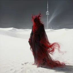 one lone singular swirling otherworldly demonic figure shrouded in black crimson robes emerges from extensive barren white dunescape, matte painting by peter mohrbacher and filip hodas, background cn tower!, godrays, high contrast, highly detailed, a