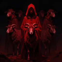 lamb cultist digital art, deep crimson and dark shadows, black background, ambient glow, hooded lamb people