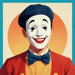 a smiling mime, portrait, digital art, trending on artstation, vintage, retrofuturism, art by marc davis, marc davis artwork, poster