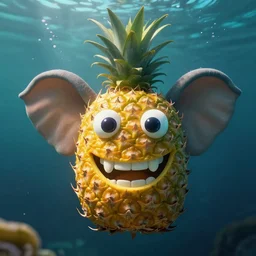 a single delicious pineapple with two big eyes and a big toothy grin and elephant ears floating underwater, digital art, concept art, trending on DeviantArt, trending on Artstation, high quality, 8K HDR, octane render, unreal engine 5, path tracing, dramatic lighting, cinematic, highly detailed, medium shot