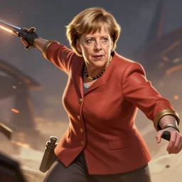 Angela Merkel as a Valorant character digital illustration portrait design by, Mark Brooks and Brad Kunkle detailed, gorgeous lighting, wide angle action dynamic portrait