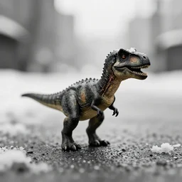 award winning photo by saul leiter of a tiny dinosaur standing in the street, tiny gaussian blur, insanely detailed, insanely intricate, depth of field, low contrast, snowy, wide aperture