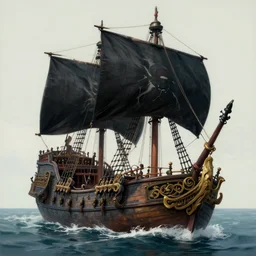 a famous pirate ship, black flag, matte painting by greg rutkowski, realistic painting, very detailed, trending on artstation