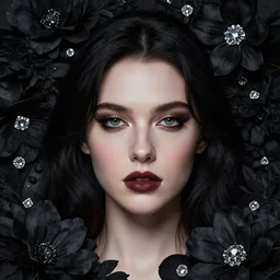 dark angel surrounded by dark flowers and diamonds, very detailed, realistic face, detailed face, matte, tonemapping, bbwchan, perfection, 4 k, cushart krenz