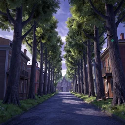 curved perspective digital art of a summer small town street with tall trees from nightmare before christmas by anton fadeev