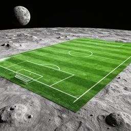 3 d render of a green soccer pitch on the moon, extreme long shot, unreal engine, realistic