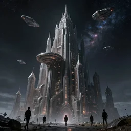 towering fractal city machine, mysterious figures walking around, flying spacecraft dark galaxy moonlit background by jim burns