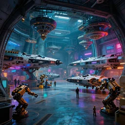 highly detailed matte painting science fiction cargo bay interior, spaceships, futuristic, fighter ships, hangar, industrial, workers, robots, mechs. environment art by syd mead and john berkley, john harris. concept art, vibrantly lush neon lighting, beautiful volumetric - lighting - style atmosphere