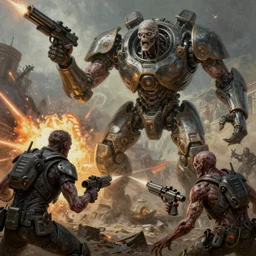 hyper realistic sci - fi matte concept art painting of dramatic cinematic battle scene between humanoid zombie - battlemechs of flesh fighting, guns, missiles, explosions, beautiful details, strong composition painted by kim jung guweta studio rutkowski, james gurney and greg rutkowski, and lucasfilm, smooth, intricate, detailed, sharp focus, cinematic