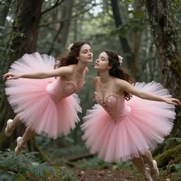 two brunette fairy women wearing pink romantic tutus flying around a forest, fantasy art, highly detailed, sharp focus, elegant, beautiful, amazing, astonishing, marvelous, incredible, trending on artstation, by aaron horkey