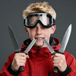 a blonde teenager, goggles, red jacket, knife in his mouth, knife in right hand, knife in his left hand, photorealistic, hd, high details, detailed portrait