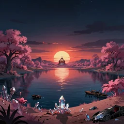 abandoned by henri rousseau, at night water nature tron crystal desert infrared sea nightsky assassin's creed sunset elysian alien biopunk flowers otherworldly dieselpunk sunlight steampunk matte painting anime universe tokyo lake, archdaily, wallpaper, highly detailed, trending on artstation.