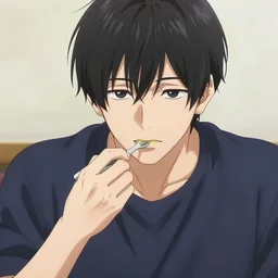 very serious ryosuke takahashi with black hair wearing a dark blue shirt eating a cheeseburger standing near his white mazda rx 7, initial d anime screenshot, initial d anime 1 0 8 0 p, detailed anime face, 1 9 9 8's anime, high detail, 9 0 s anime aesthetic