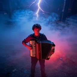 dwight schrute playing the accordion, dramatic scene, heavy blue fog, red lightning, ultra wide angle, movie still, photorealistic, stranger things, netflix, upside - down, colorful lighting, grainy, aerial shot, shot from above, movie still