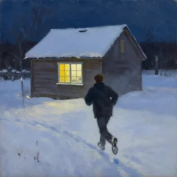 painting depicting a man running away from a small house with one bright window. snowy. night. oil painting.
