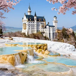 neuschwanstein castle on pamukkale thermal waters flowing down gold travertine terraces in antelope canyon during sakura season on an interstellar eclipse, by peter mohrbacher, james jean, wlop, greg rutkowski, vincent di fate, rule of thirds, beautiful landscape