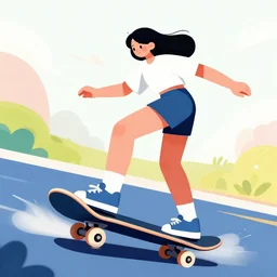 modern stylized illustration of a girl riding a skateboard with one leg up and the other on the deck going fast, side view