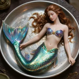 a platter with a realistic cooked mermaid