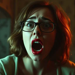female todd solondz going crazy in possession by andrzej zulawski, glasses, scared, screaming and crying, red lipstick, seventies film, cinemaic, dramatic, soft light