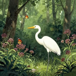heron with monarch butterfly in forest of milkweed in style of simon stalenhag