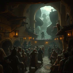 a rowdy crowded pueblo goblin tavern, adobe walls, interior shot, medium shot, atmospheric dark fantasy matte painting by anato finnstark and craig mullins and boris vallejo, trending on artstation