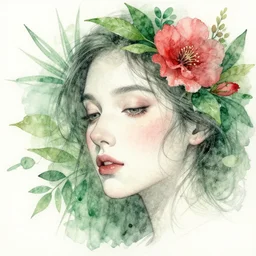 dreaming face, flowers and leaves, green and red, watercolor and pen and graphite