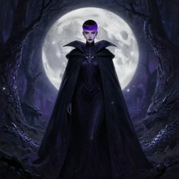 background is moon many light effects, symmetrical centered portrait dark witch, large cloak, fantasy forest landscape, dragon scales, fantasy magic, undercut hairstyle, short purple black fade hair, dark light night, intricate, elegant, sharp focus, digital painting, concept art, matte, art by wlop and artgerm and greg rutkowski and alphonse mucha, masterpiece