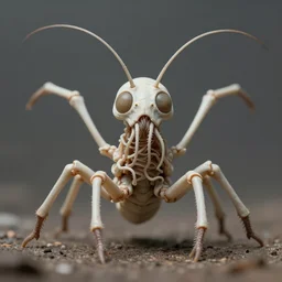 a unique octopedal invertebrate with a skeletal head and long antennae, two compound sunken light brown eyes, and an indented jaw filled with tendrils. it has two short, large arms. it has a skinny thorax with a thick waist, and elongated a short, stocky abdomen. it has eight short, powerful legs that end in three - toed