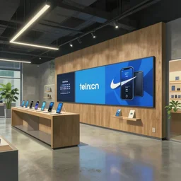 ( ( ( digital painting by studio ghibli hayao miyazaki ) ) ). 2 0 3 0 s flagship retail interior. experience. telco digital screens phones. wood, polished concrete, neon, ceiling spots. plants. samsung microsoft apple nike adidas tesla muted colors.