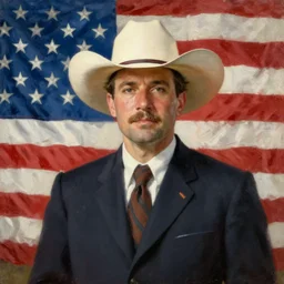 portrait of a diplomat wearing a cowboy hat with the American Flag behind him, 1916, oil on canvas trending on Artstation