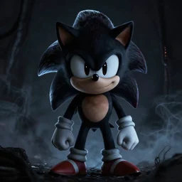 sonic the hedgehog, smiling, unnatural grin, horror, creepy, smoke, black, dark, glow