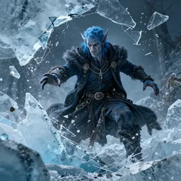 a blue tiefling man wearing dark cloths frozen in a block of ice and being shattering into a million pieces, action, cracked, destroyed, shattering, breaking, by Tony Sart, detailed, realistic, masterpiece