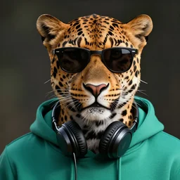 a photorealistic digital illustration of a leopard wearing black sunglasses, dressed in a teal green hoodie. he has headphones around his neck. hyper detailed. this 4 k hd image is trending on artstation, featured on behance, well - rendered, extra crisp, features intricate detail, epic composition and the style of unreal engine.