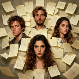 a movie poster of three male and one female brown spirits coming out of a bunch of handwritten paper notes, detailed digital art, trending on artstation, hyperrealistic faces and body