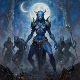 fantasy art portrait oil painting, perfect expression, subconscious connects, purified consciousness, beautiful battle, warcraft, tiefling portrait, darkblue skin, moon, ashes, redesigned, full figure action shot, alien world, artifacts, valerian city luminous skies, yasushi nirasawa, moebius, hr giger, alex ross, stephen bliss, loish, rhads,