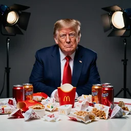 portrait photo of donald trump sitting next to a table covered in mcdonald's wrappers and diet coke cans, studio lighting, key light, 8 k, 8 5 mm f 1. 8