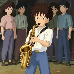 a film still of a 1 9 5 0's cute boy plays on saxophone beautiful colours japan anime cartoon style high detailed, finely detailed features, full body mid shot, perfect art,, gapmoe yandere grimdark, trending on pixiv fanbox, painted by gaston bussiere, makoto shinkai, akihiko yoshida, gaston bussiere, craig mullins, studio ghibli