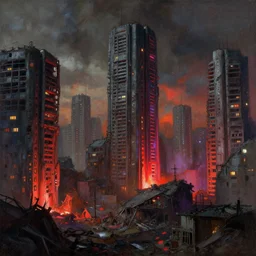 a post apocalyptic brutalist architecture cityscape after a nuclear war, blown out neon lighting, painted by albert bierstadt