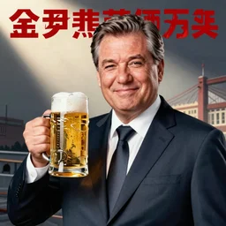 propaganda poster of communist viktor orban winking with beer