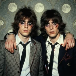 two handsome but sinister young men wearing gucci in layers of fear, with haunted eyes and wild hair, 1 9 7 0 s, seventies, wallpaper, a little blood, moonlight showing injuries, painterly, offset printing technique, by brom, robert henri, walter popp