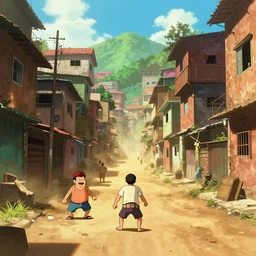 a film still from Tekkonkinkreet by Ian McQue , a dusty street of favela city, vibrant, 50mm lens, video game character and environment design, 2d game lineart behance hd, studio, dramatic lighting, cinematic, global illumination, trending on Artstation, bloom