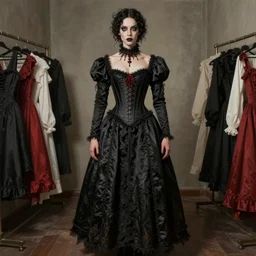 a lifelike man wearing a gothic corset dress, standing in a dressing room. art styles : moebius, artgerm, rhads, ross draws, hyperrealism, intricate detailed,