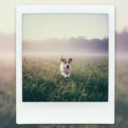 hazy Polaroid photo of a little puppy running through high grass at dawn