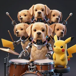 high quality 3 d render very cute cyborg labrador with multiple heads plays drums, cyberpunk highly detailed, unreal engine cinematic smooth, in the style of blade runner & detective pikachu, hannah yata charlie immer, moody light, low angle, uhd 8 k, sharp focus
