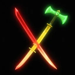 a black background, with a glowing red broadsword clashing with a yellow longsword, with a glowing green flail hanging behind them