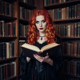 lomography, full body portrait photo of women like reol holding dressed like a fantasy witch in a library, open books, moody, realistic, dark, skin tinted a warm tone, light blue filter, hdr, rounded eyes, detailed facial features, red gold black