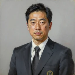 a beautiful, hyperrealism, oil painting portrait of a japanese salaryman with kanji tattoos and decals wearing a suit, in the style of james jebusa shannon, norman rockwell and finnian macmanus
