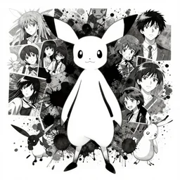 minimalist splatter paint of a collage of pokemon mew!!!!!!!!!!!!!!!!, portrait, gapmoe yandere grimdark, trending on pixiv fanbox, painted by makoto shinkai takashi takeuchi studio ghibli, akihiko yoshida, ken sugimori!!!!