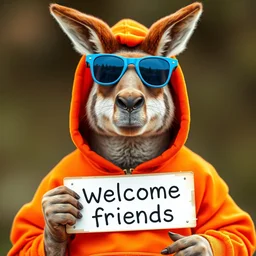 a portrait photo of a kangaroo wearing an orange hoodie and blue sunglasses ( ( ( ( ( holding a sign ) ) ) ) ) on the chest that says welcome friends